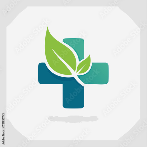 A modern healthcare emblem featuring a cross and leaves, representing natural medicine and wellness