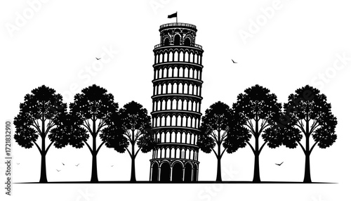 Leaning Tower of Pisa Silhouette with Surrounding Trees and Birds in Black and White