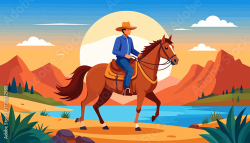 Cowboy Riding Horse at Sunset A Vector Illustration of the American West