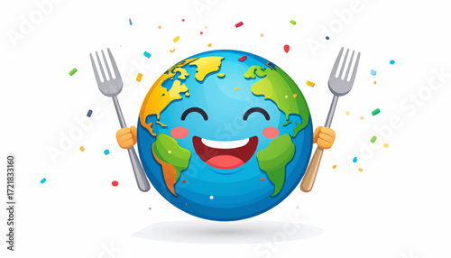 Happy Earth Celebrating with Forks and Confetti A Joyful Food-Focused Illustration