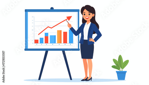 Businesswoman presenting a growth chart, demonstrating increasing financial success and positive trends