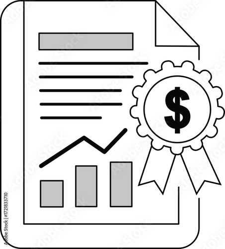 Document with financial chart dollar coin award and progress bars graph