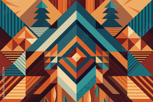 Vibrant geometric pattern featuring mountains, trees, and dynamic shapes in warm tones