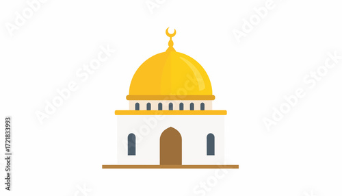 Flat vector illustration of a mosque with a golden dome, representing Islamic architecture