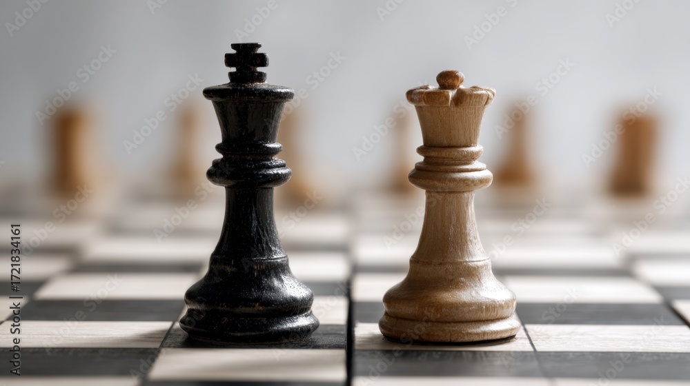 Fototapeta premium Chess Battle: Two chess pieces, the king and queen, stand poised on a checkered board, in a display of strategic competition, in the game of chess.