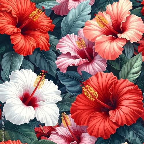 Vibrant hibiscus flowers in a lush botanical pattern