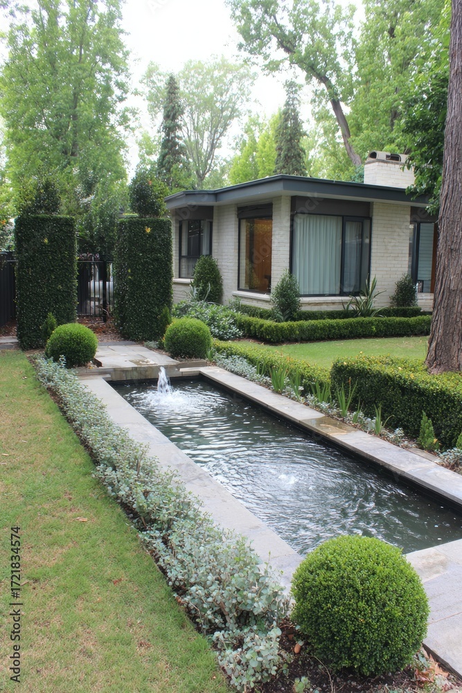 Fototapeta premium A meticulously landscaped garden area showcasing a long water feature with fountains, formal hedges, and manicured greenery around a modern home.
