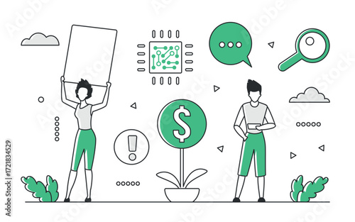 Modern green monocolor line art showing startup teamwork, innovation, digital finance, and technology growth, ideal for business and tech presentations, isolated vector illustration