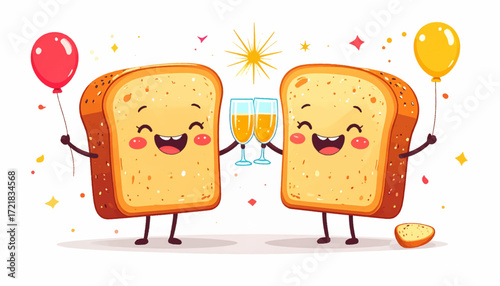Two cute pieces of toast with happy faces holding champagne glasses and balloons, celebrating joyfully