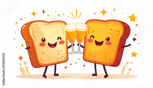 Delightful cartoon toast characters raising bubbly glasses in a joyful celebration, surrounded by festive stars and sparkles, embodying friendship and happiness