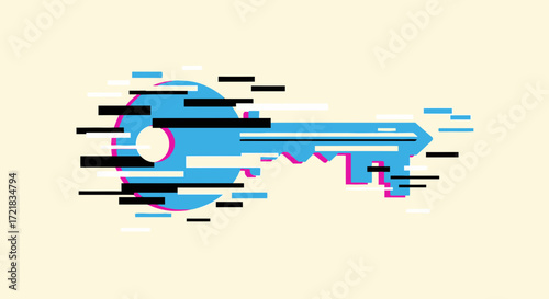 Blue key with glitch effect on a light background.