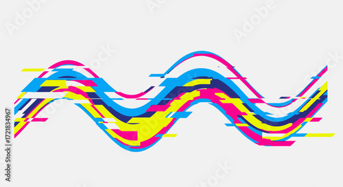 Abstract colorful wavy lines with digital glitch effect on white.