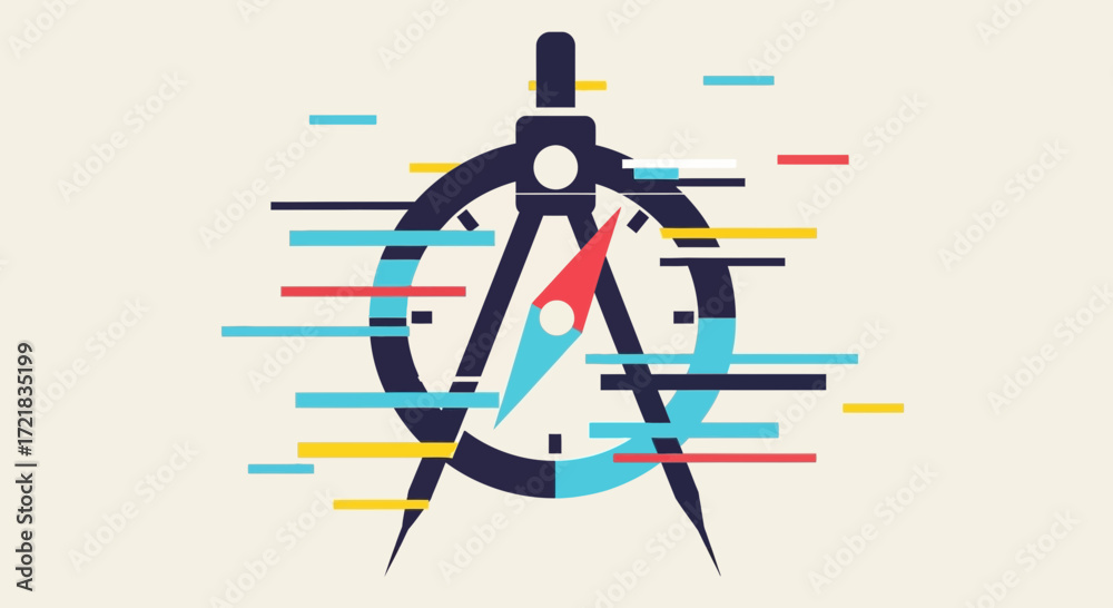 Compass graphic with abstract lines and motion blur effect.