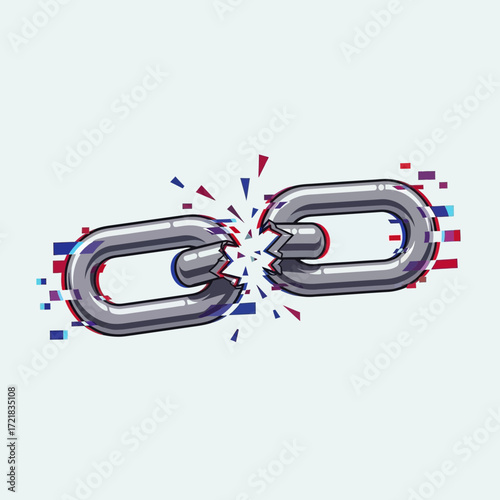 Broken metal chain links with digital glitch effect.