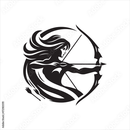 Silhouette of an Archer with Bow and Arrow Ready to Aim.