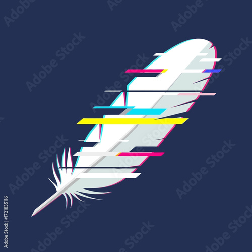 White feather with digital glitch effect on dark blue background