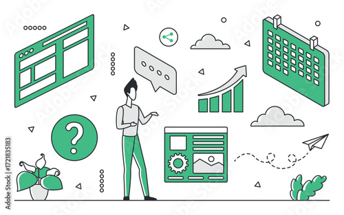 Businessman surrounded by calendar, charts, web interface, and communication icons in green monocolor style, representing time schedule and productivity management, isolated vector illustration