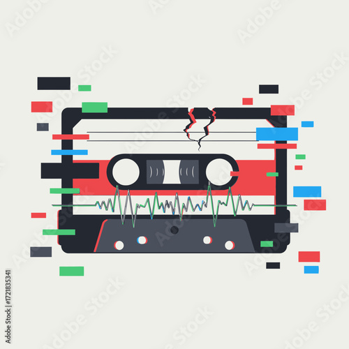 Retro audio cassette tape with digital glitch effects.