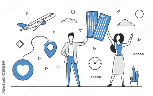 Modern blue monocolor design shows a couple holding airline tickets, airplane, location pin, and travel icons, representing booking flights and planning trips, isolated vector illustration
