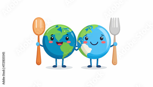 Happy cartoon Earth characters holding a spoon and fork, representing global food and dining