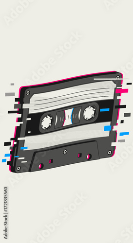 Cassette tape with digital distortion on a plain background.