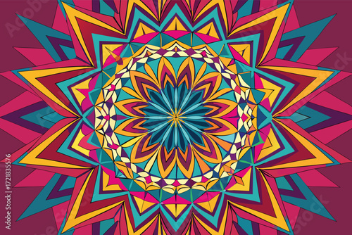 Colorful geometric pattern with star shapes and vibrant colors on a deep background