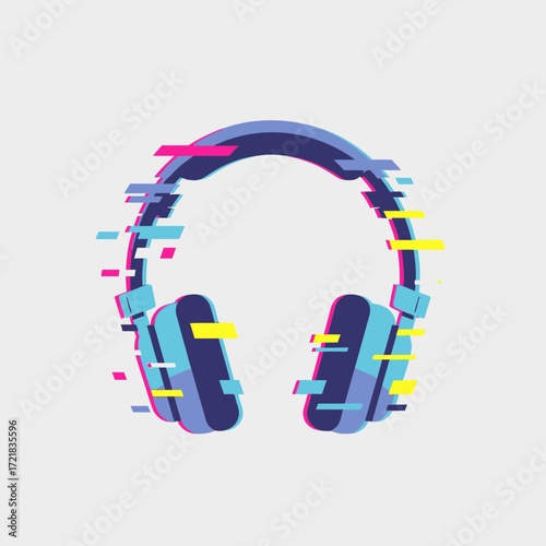 Blue headphones with colorful digital glitch effect on gray background.