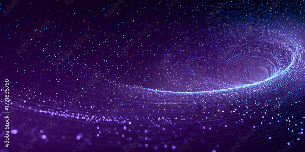 Obraz premium Glowing purple particle vortex expanding into a wide abstract tunnel with digital motion effect