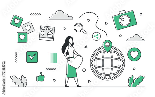 Woman holding heart near globe with location pin, surrounded by travel, social media, and eco-friendly icons, promoting green tourism and online sharing, isolated vector illustration