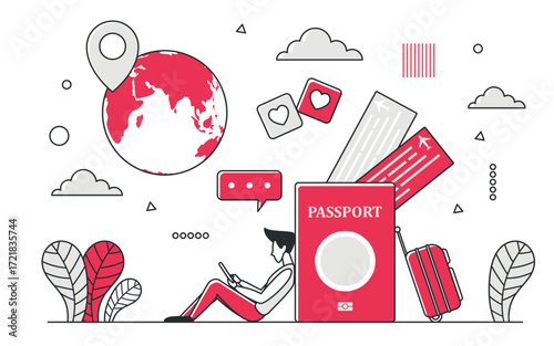 Modern travel and tourism concept with passport, tickets, globe, and traveler using mobile device, emphasizing global adventure and planning, isolated on white background vector illustration