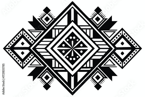 Geometric black and white tribal design featuring diamonds and angular patterns