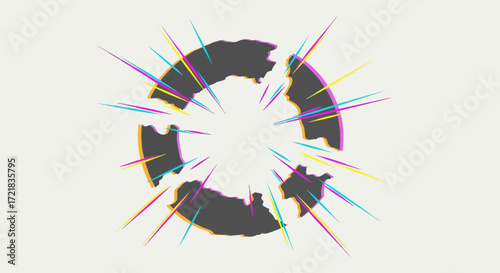 Abstract circular shape with colorful radiating lines on white background.