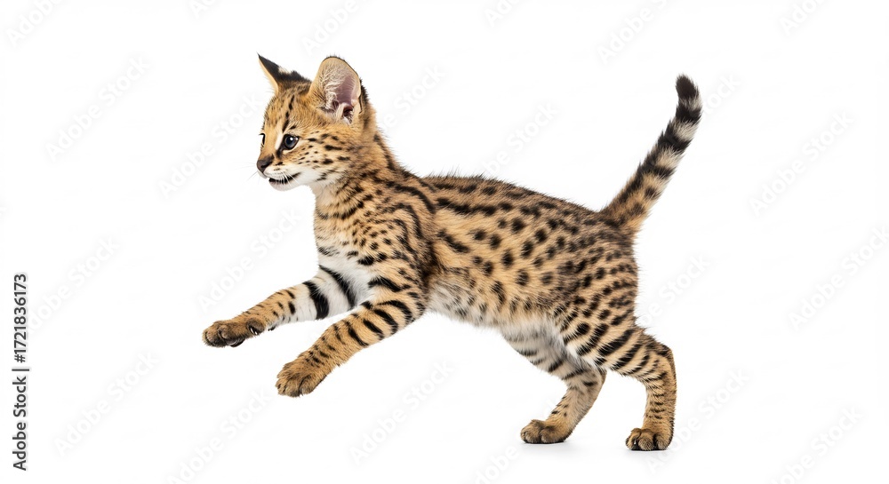 Obraz premium Sitzender Serval K�tzchen spielt leuchtend hell beleuchtet. AI Generated