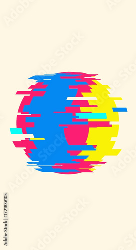 Abstract circular shape with glitch effect and vibrant colors.
