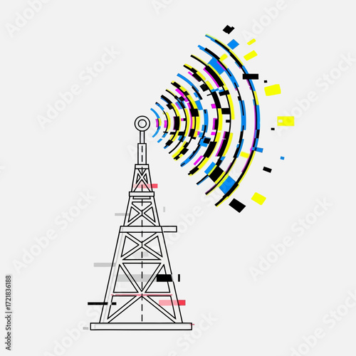 Radio tower broadcasting signals with colorful waves against a white background.