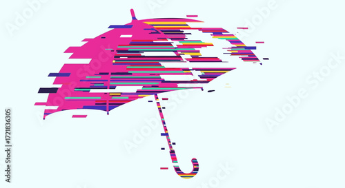 Pink umbrella dissolving into colorful horizontal lines against light background.