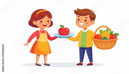 Happy Children Sharing Fruits and Vegetables A Healthy Habit Illustration