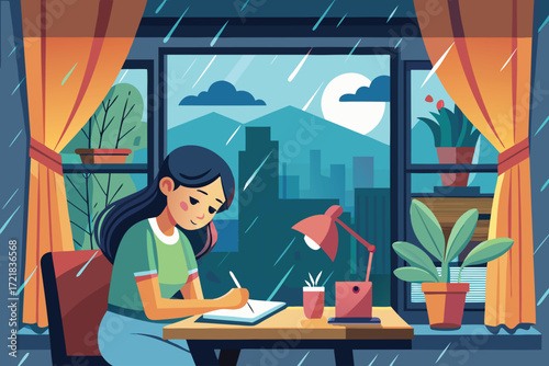 Young woman writing at a desk by the window during a rainy evening