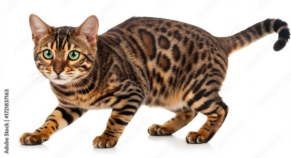 Fototapeta premium Bengal Katze elegant posiert hell leuchtendes Fell. AI Generated