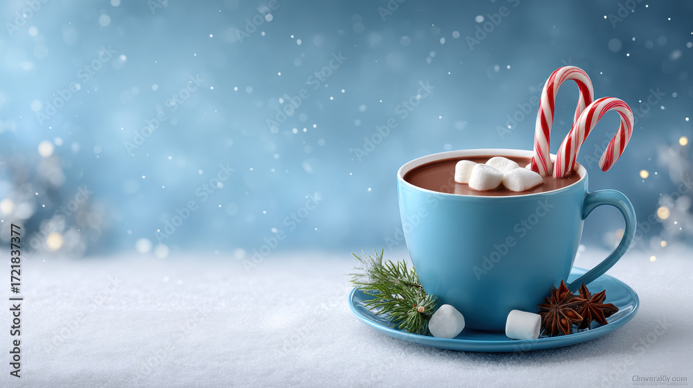 Fototapeta premium Blue mug of hot chocolate with marshmallow and candy cane in snowy scene