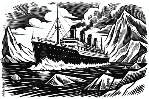Vintage ocean liner navigating through icy waters surrounded by towering mountains