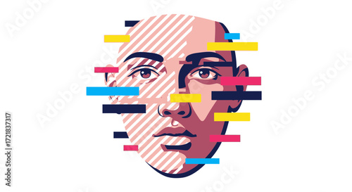 Stylized face with digital glitch effects and abstract color bars.