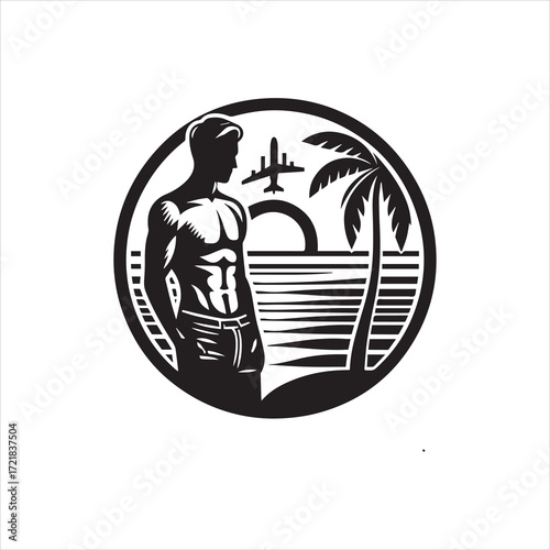 Strong Man Silhouette at Tropical Beach Scene with Airplane.