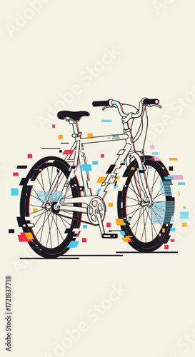 A white bicycle with colorful accents on a plain background.