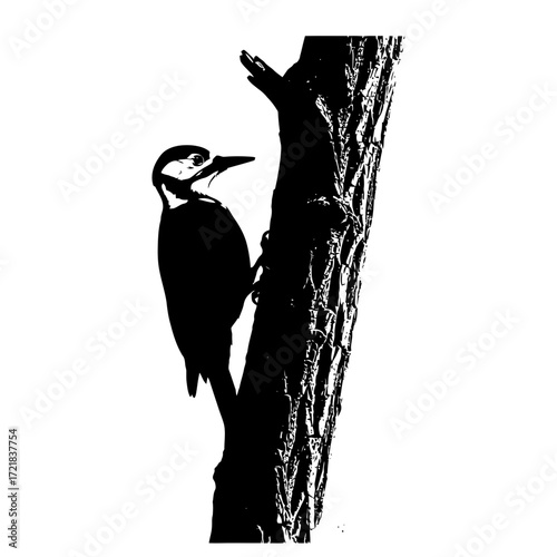 Woodpecker clinging to a textured tree trunk in silhouette