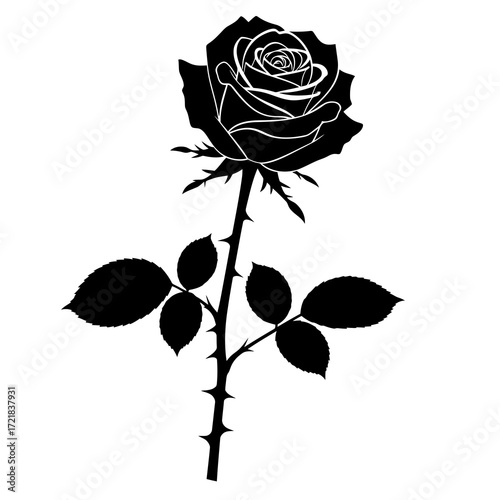 Elegant black silhouette of a rose with thorns and leaves