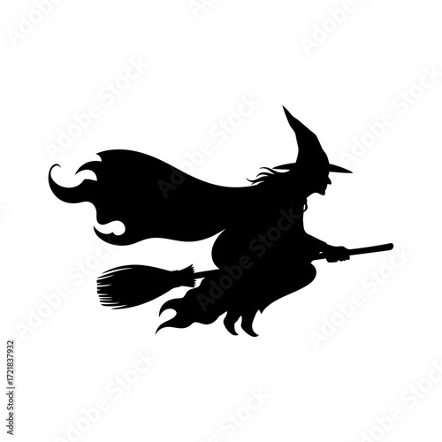 Silhouette of a witch flying on a broomstick