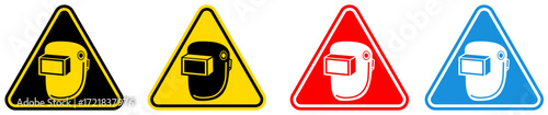 set Attention wear welding helmet Symbols danger and safety signs design template vector illustration	