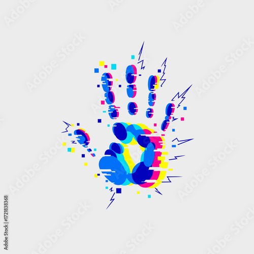 Colorful handprint with paint splatters on a white background.