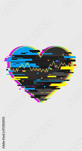 Glitched heart symbol with colorful digital distortion effect.